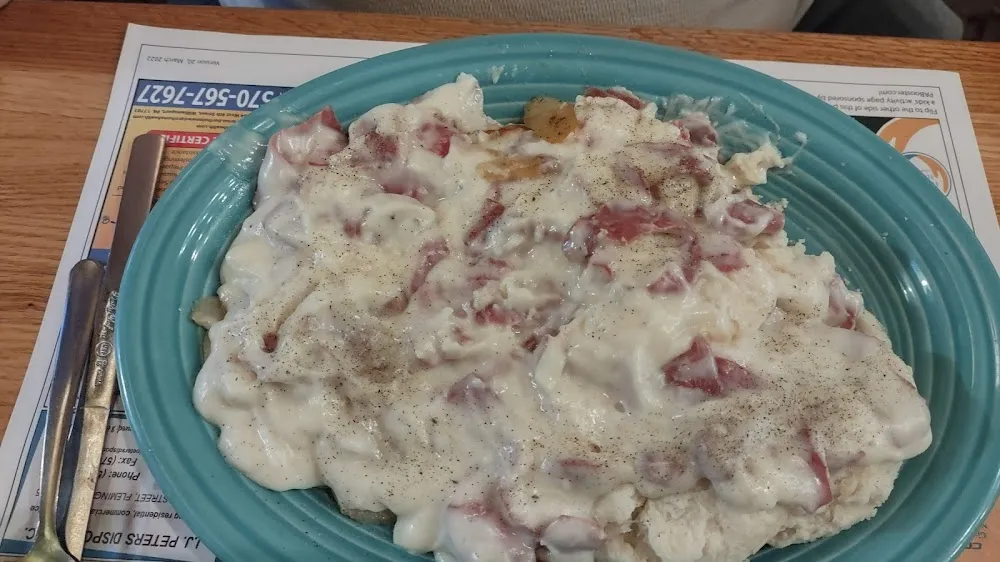 Cream Chip Beef over Home Fries and Biscuits